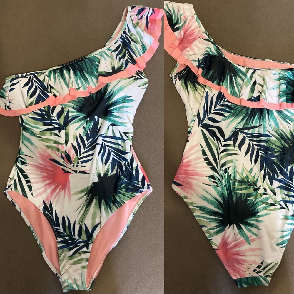 One shoulder ruffle leaf print one piece swim